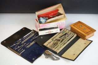 A small group of mixed collectables to include a Sorento ware box, two technical drawing sets,