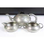 Civic Pewter Arts & Crafts three-part tea set (pattern no. 3315) to include teapot, milk jug and