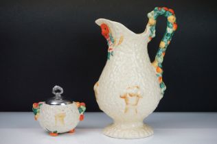 Clarice Cliff for Newport Pottery Celtic Harvest pattern jug and sugar bowl. Jug handle AF. Jug