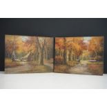 A pair of oil on panel woodland scenes with shepherdess, sheep and cottage, each 15 x 20cm