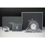 Waterford crystal mantle clock together with a '60' etched glass paperweight. Both in boxes. Clock