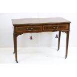 Edwardian Mahogany and Satinwood Cross-banded Side Table with two drawers raised on square