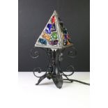 Mid century Retro ‘ Peter Marsh ‘ Wrought Iron Table Lamp, the shade with leaded coloured glass