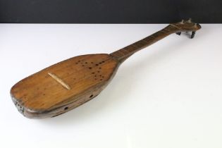 Unusual Naive Hand Crafted Wooden Lute or Mandolin type Musical Instrument, etched to back 1944,