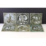 Six Victorian Minton & Hollins pottery square tiles, decorated with scenes from Shakespeare plays,