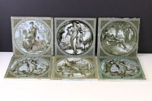 Six Victorian Minton & Hollins pottery square tiles, decorated with scenes from Shakespeare plays,