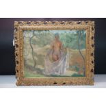 A pierced gilt framed, signed and dated oil on board, portrait of a nude female by a woodland
