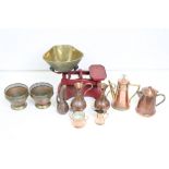 Group of mixed copper ware to include a three-part coffee set, pair of planters, 19th century