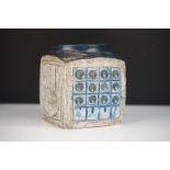 Mid Century Troika studio pottery vase of square form having textured sides with a blue neck and