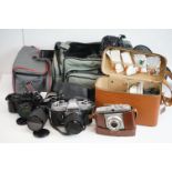 Group of 35mm SLR cameras, lenses and equipment etc, to include: a Pentax P30 and Yashica FX-2