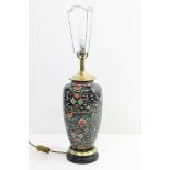 Chinese black ground baluster vase converted to table lamp, with floral & scrolling decoration, with