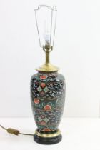 Chinese black ground baluster vase converted to table lamp, with floral & scrolling decoration, with