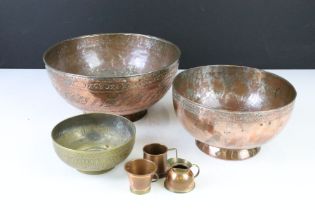 Two Indian Coppered Bowls with engraved decoration, largest 22cm diameter together with a similar