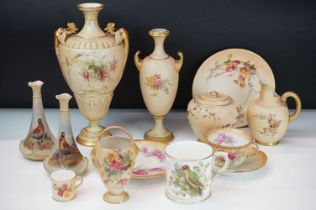Collection of Royal Worcester ivory blush ceramics to include a tapering vase with twin dragon