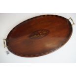 An Edwardian mahogany inlaid galleried twin-handled tray, the gallery of chequerboard boxwood