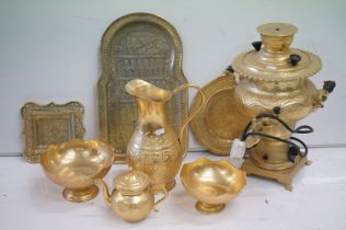 Collection of 20th Century Persian Islamic brass including soup warmer, footed bowls, jug trays etc.