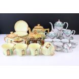 Japanese egg shell porcelain tea set comprising teapot, milk jug an lidded sugar bowl, Geisha head