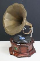 HMV 'His Master's Voice' table top gramophone, of octagonal form, with embossed brass horn. (