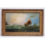 19th century gilt framed oil painting on canvas marine scene of fishing boats in a heavy swell,