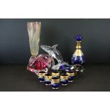 Bohemian gilt tapered glass tulip vase, coloured tulips, hobnail glass leaves, octagonal foot; a