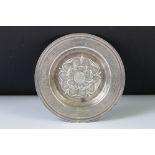 Silver pin dish, repousse Tudor rose to the centre, engraved personalisation to border, makers C J