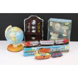 Three vintage tin plate toys including globe and clock work train together with boxed Hichleton