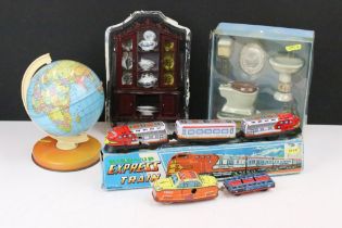 Three vintage tin plate toys including globe and clock work train together with boxed Hichleton