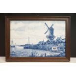 Delft blue and white pottery six tile picture, depicting windmill by the water, Delft,