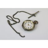 Victorian Ladies Silver Pocket Watch with engraved case, enamel dial and gilt decoration together