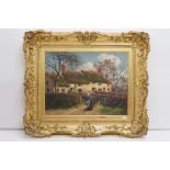 Cottage scene with figure of a lady in the foreground, oil on canvas, initialled ' W.R. ' lower