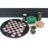 Polished marble chess board together with a malachite box and hard stone boxes and vases. Chess
