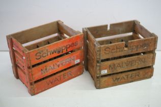 Pair of Mid century Wooden Advertising Bottle Crates ' Schweppes Malvern Water ', each 41cm long x