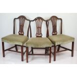 Set of Six George III Mahogany Dining Chairs with pierced backs, green upholstered stuff-over