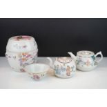 Four pieces of Chinese antique porcelain to include a famille rose tea pot depicting garden