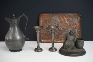 A collection of metalware, to include: a pair of silver epergnes, London 1928, a copper tray