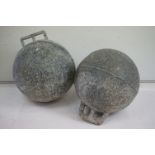 Pair of metal Bouys or fishing net floats. One marked La Coquille. Measures approx 17cm diameter.