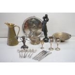 Collection of metalwares to include a Sankey & Sons brass crocodile skin jug, spelter figurine of