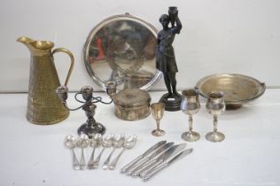 Collection of metalwares to include a Sankey & Sons brass crocodile skin jug, spelter figurine of