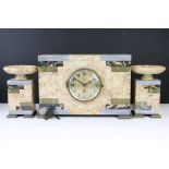 Art Deco marble clock garniture set, the 8-day clock of rectangular form, with circular dial, Arabic