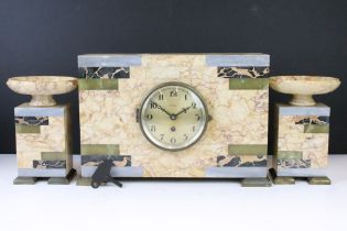 Art Deco marble clock garniture set, the 8-day clock of rectangular form, with circular dial, Arabic