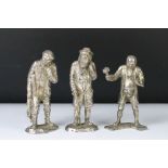 Three silvered bronze figures to include a hunter, blacksmith and a traveller. Unsigned. Measures