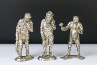 Three silvered bronze figures to include a hunter, blacksmith and a traveller. Unsigned. Measures