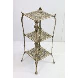 Pierced Polished Brass Three Tier Square Plant Stand,with lion paw feet, 35cm wide x 72cm high