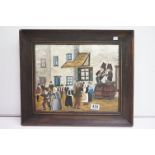 Vintage oil painting on board of a French village party, with French inscription on the back, 30 x