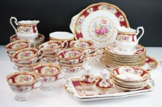 Royal Albert Lady Hamilton tea service consisting of 12 tea cups, 11 saucers, two creamer jugs, salt