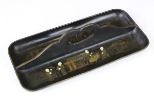 19th century Japanese black lacquered twin-compartment pen tray, with chinoiserie gilt figural