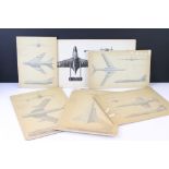 Six hand painted military aircraft illustrations on board, each offering three different views, to