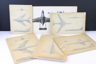 Six hand painted military aircraft illustrations on board, each offering three different views, to