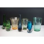Collection of mid century glass to include Whitefriars. The lot to include four lobed glass vases, a