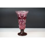 19th Century Bohemian flash glass vase having a tapering body raised on a round foot with cut